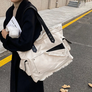 Canvas Shopper Tote Bag Large Capacity Rivet Shoulder Bag for Women