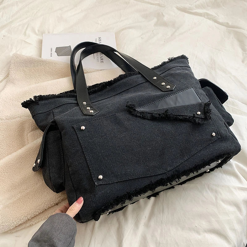 Canvas Shopper Tote Bag Large Capacity Rivet Shoulder Bag for Women