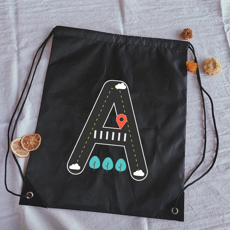 Road Sign Letters Print Drawstring Bag Outdoor Fitness Sport Bags Bundle Pocket