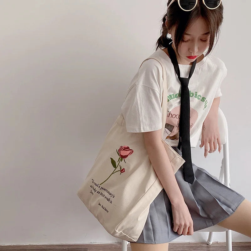Rose Embroidery Canvas Bag Vintage Ladies Flower Shoulder Handbag