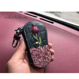 Rose Flower Diamonds Car Key Bag PU Leather Keychain Zipper Key Car Case