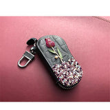Rose Flower Diamonds Car Key Bag PU Leather Keychain Zipper Key Car Case