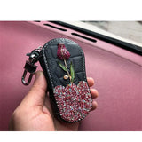 Rose Flower Diamonds Car Key Bag PU Leather Keychain Zipper Key Car Case