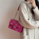 Rose Pink Women Lock Shoulder Bags Plaid Ladies Small Square Crossbody Bag