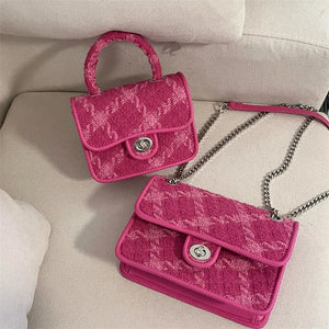 Rose Pink Lock Shoulder Bag Plaid Women Small Crossbody Clutch Purse Handbag