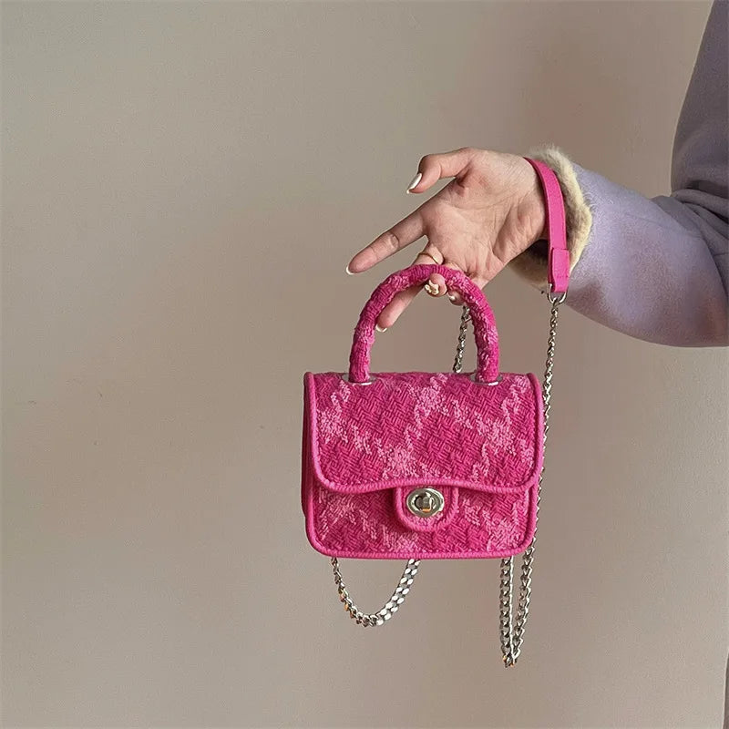 Rose Pink Women Lock Shoulder Bags Plaid Ladies Small Square Crossbody Bag