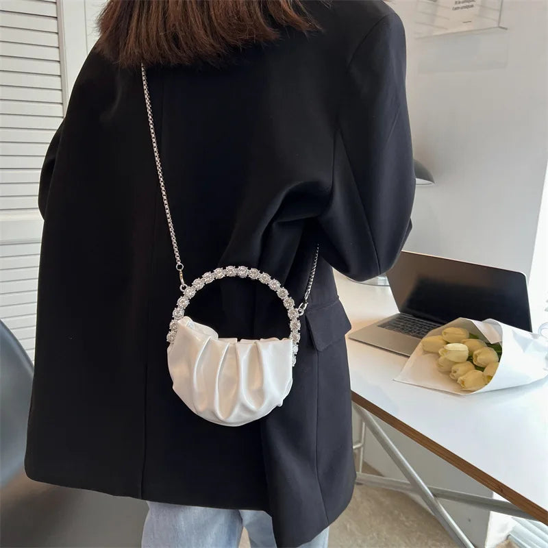 Round Diamond Evening Clutch Bags Metal Handle Rhinestone Purses Bling Handbags