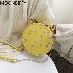Embroidery PU Leather Women Crossbody Bag Flower Chain Shoulder