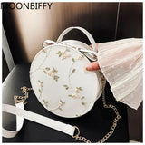 Embroidery PU Leather Women Crossbody Bag Flower Chain Shoulder