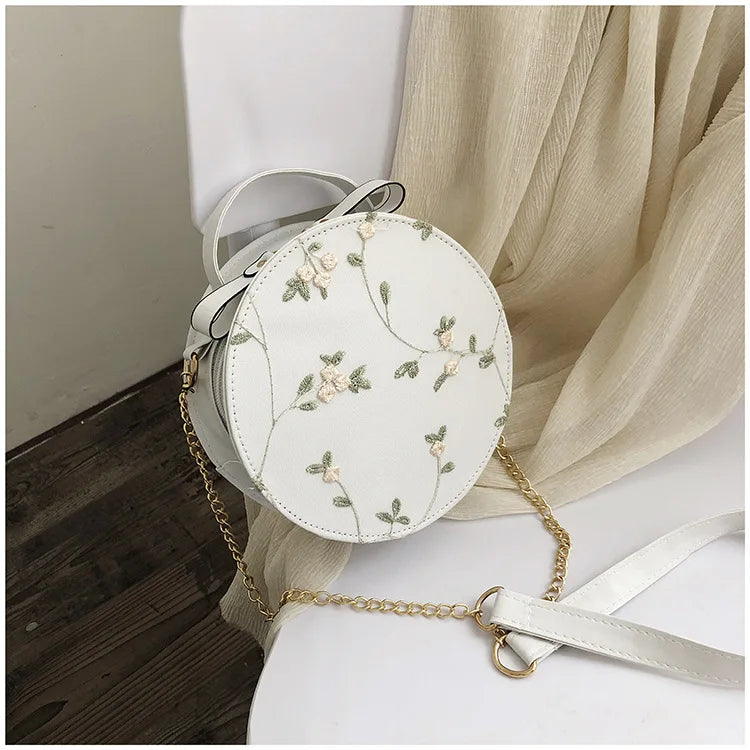 Embroidery PU Leather Women Crossbody Bag Flower Chain Shoulder