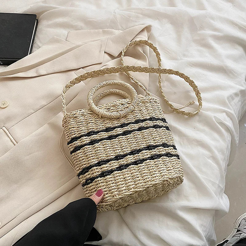 Straw Beach Bag Round Handle Rattan Shoulder Bohemian Summer Vacation