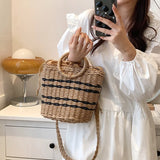 Straw Beach Bag Round Handle Rattan Shoulder Bohemian Summer Vacation
