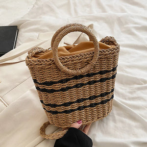 Straw Beach Bag Round Handle Rattan Shoulder Bohemian Summer Vacation