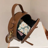Round Leather Crossbody Bag for Women Retro Clutch Purse
