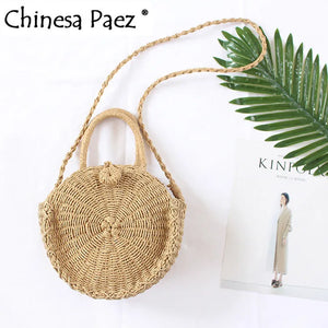 Round Rattan Beach Bag Vintage Crossbody Straw Messenger Bag