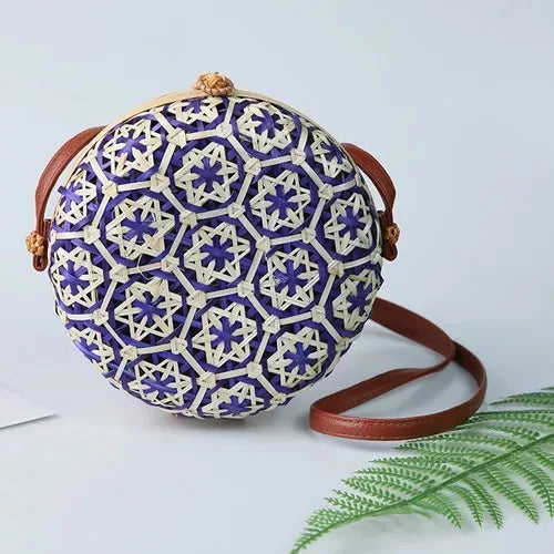 Colorful Round Rattan Bag Girls Shoulder Straw Beach Bag