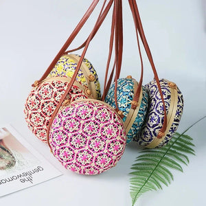 Colorful Round Rattan Bag Girls Shoulder Straw Beach Bag