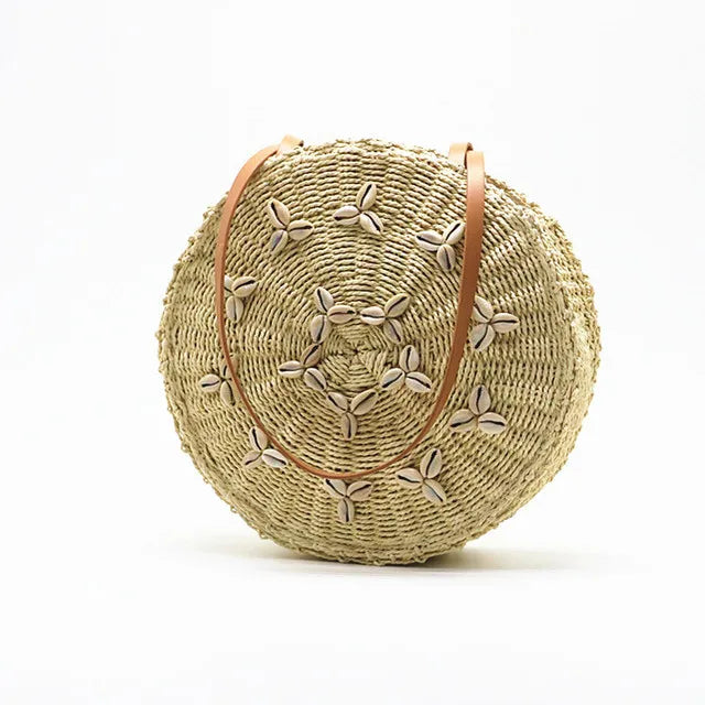 Straw Beach Bag Summer Woven Shell Shoulder Bag Rattan Braided Tote Bag