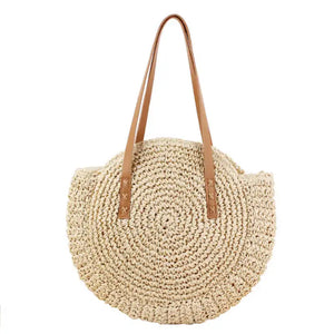 Round Straw Beach Bag Vintage Woven Shoulder Bag Rattan Bohemian Vacation