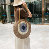 Vintage Round Straw Beach Bag Woven Raffia Shoulder Bag