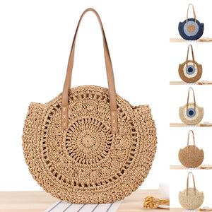 Straw Beach Bag Vintage Woven Shoulder Rattan Circle Bohemian Vacation Bag