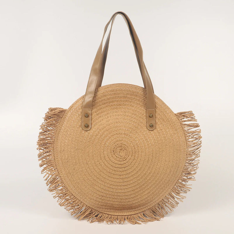 Round Straw Beach Bag Vintage Woven Shoulder Bag Raffia Circle Rattan Bags