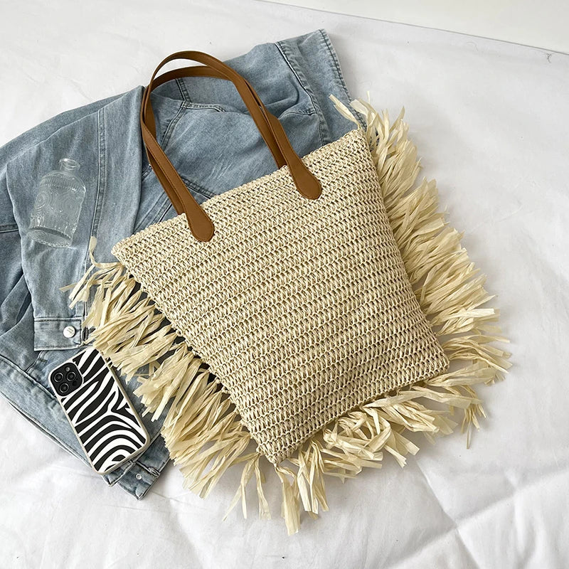 Vintage Round Straw Beach Bag Woven Rattan Bohemian Summer Shoulder Bag