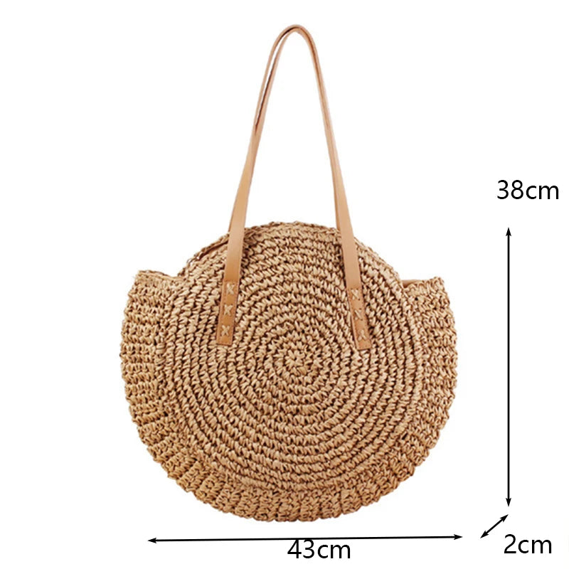 Vintage Straw Beach Bag Rattan Circle Shoulder Bag Bohemian Summer Vacation