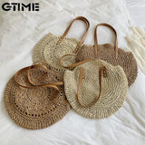 Vintage Round Straw Beach Bag Woven Shoulder Raffia Circle