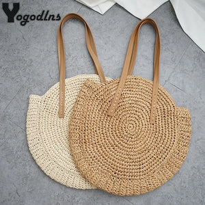 Round Straw Beach Bag Woven Shoulder Raffia Circle Rattan Bags Bohemian Summer