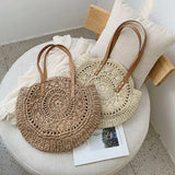 Vintage Round Straw Beach Bag Woven Shoulder Raffia Circle