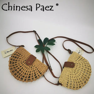Round Straw Beach Bag Vintage Woven Shoulder Bag Raffia Rattan Bohemian Summer