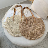 Vintage Round Straw Beach Bag Woven Shoulder Raffia Circle