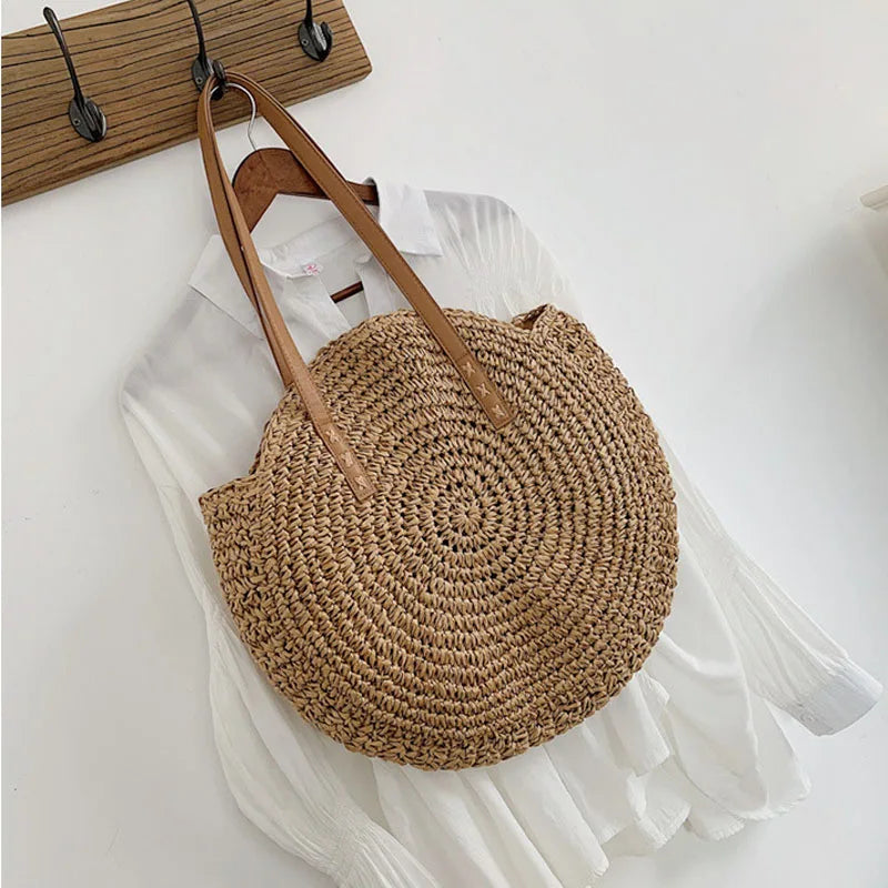 Vintage Round Straw Beach Bag Woven Shoulder Raffia Circle