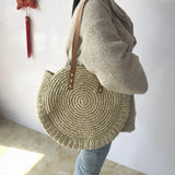 Vintage Round Straw Beach Bag Woven Raffia Bohemian Vacation Casual