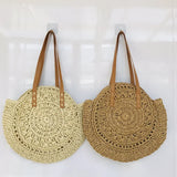 Vintage Round Straw Beach Bag Woven Raffia Bohemian Vacation Casual