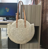 Vintage Round Straw Beach Bag Woven Raffia Bohemian Vacation Casual