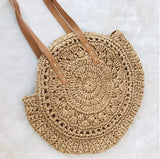 Vintage Round Straw Beach Bag Woven Raffia Bohemian Vacation Casual