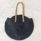 Vintage Round Straw Beach Bag Woven Raffia Bohemian Vacation Casual
