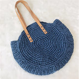 Vintage Round Straw Beach Bag Woven Raffia Bohemian Vacation Casual