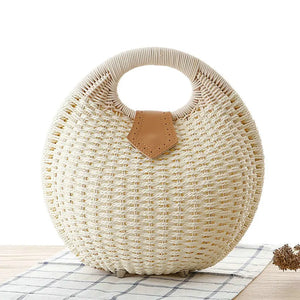 Vintage Round Straw Bucket Bag Woven Rattan Shoulder Bag