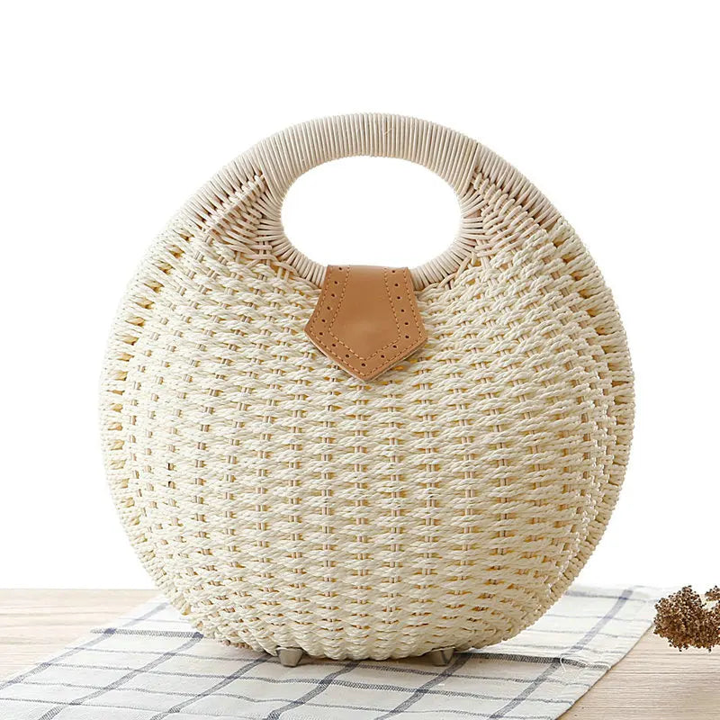 Vintage Round Straw Bucket Bag Woven Rattan Shoulder Bag