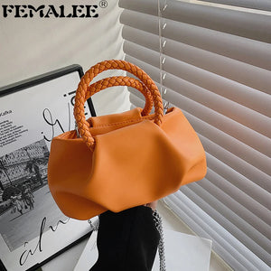 Ruched Woven Rope Handle Bag Cloud Shoulder Messenger PU Leather Handbag