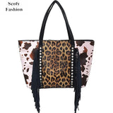 Leopard Tote Bag with Tassel - Large Capacity Cow Print Handbag for Women