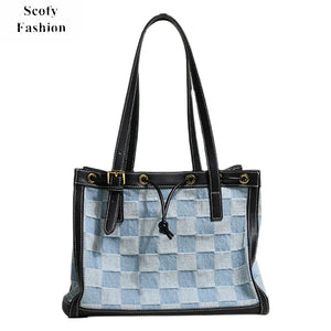 SCOFY Summer Plaid Canvas Tote Bags - Medium Size Shoulder Bags
