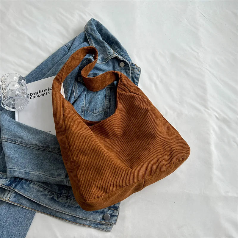 Solid Corduroy Canvas Shoulder Tote Bag for Women Handbag