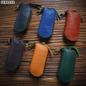 Vintage Leather Key Wallet Holder Short Zipper Small Key Bag