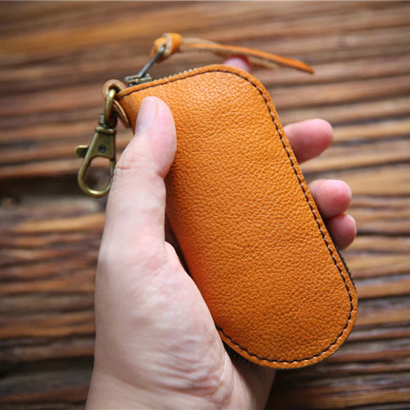 Vintage Leather Key Wallet Holder Short Zipper Small Key Bag