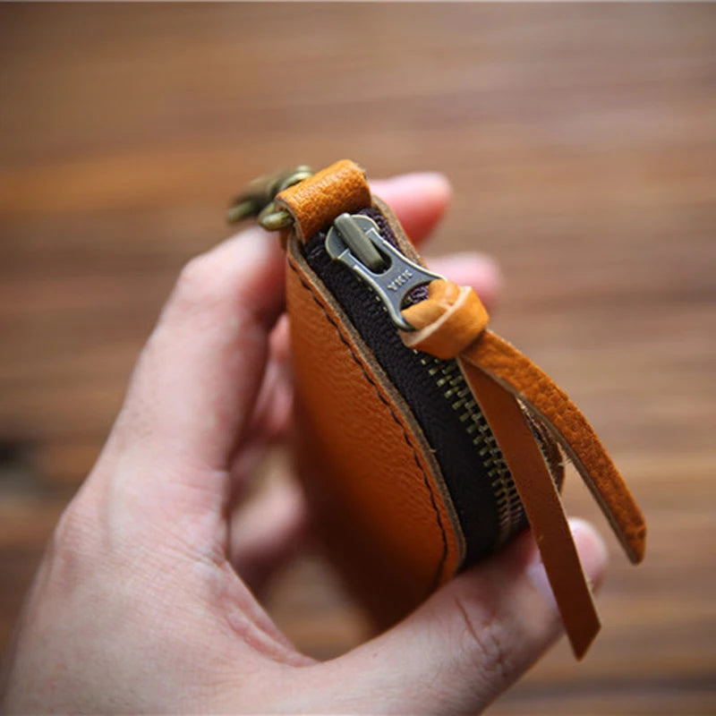 Vintage Leather Key Wallet Holder Short Zipper Small Key Bag
