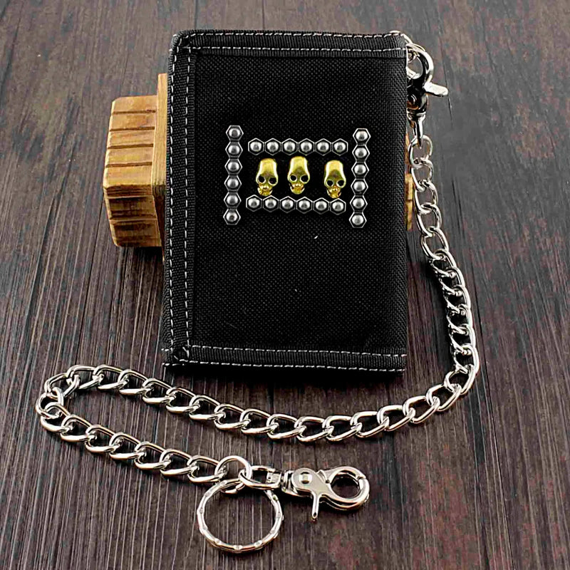 SKull Cavans Trifold Slim Wallet with Chain